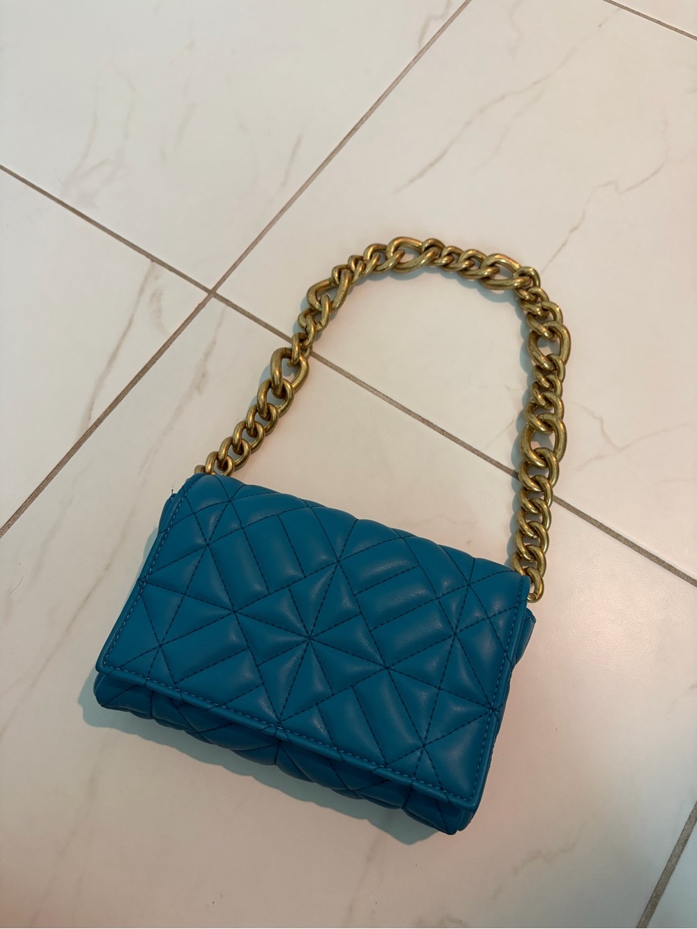 Zara Teal Quilted Shoulder Bag with Gold Chain Strap